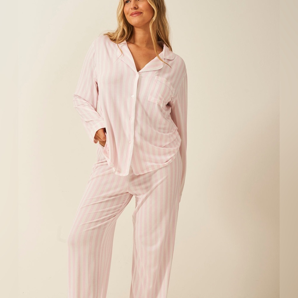 Stripe and Stare Long Pajama Set Pale Pink Stripe NWT Womens Size Small